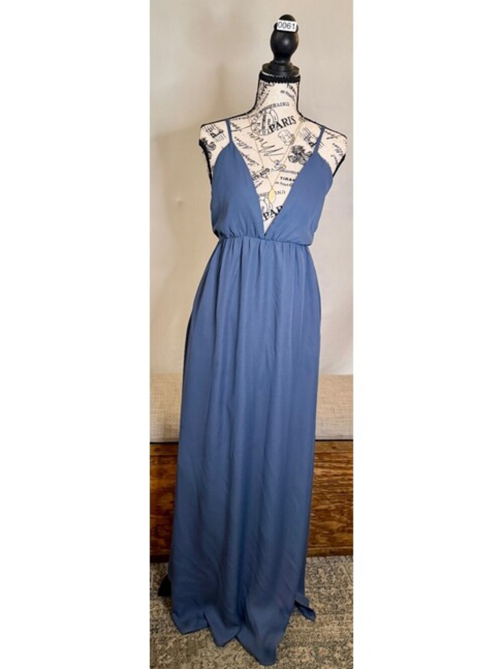 Tobi Blue Maxi Dress with Deep V-Neck and Spaghetti Straps XS